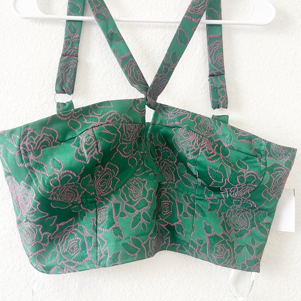 NEW Lulus Pink Green Floral Bustier Crop Blouse Top‎ Size M - Picture 5 of 8